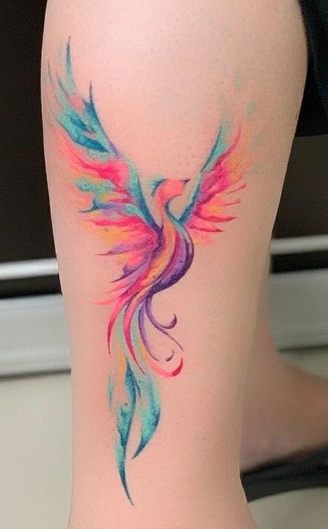 Watercolor Phoenix Tattoo, Phoenix Feather Tattoos, Phoenix Tattoo Feminine, Deep Tattoo, Small Phoenix Tattoos, Colour Tattoo For Women, Phoenix Tattoos, Floral Thigh Tattoos