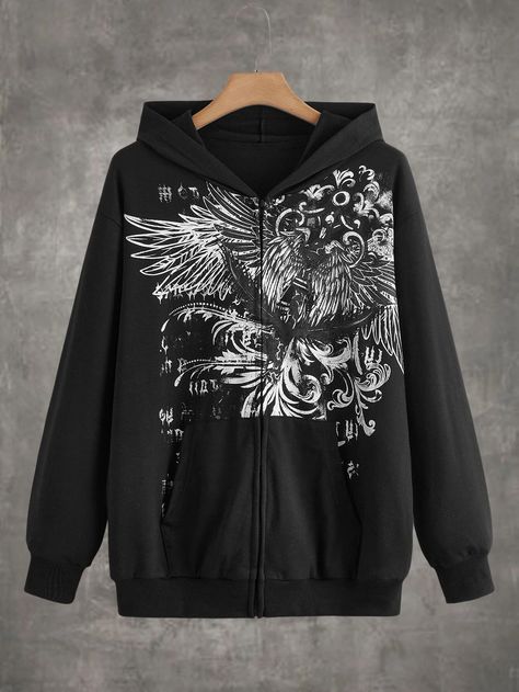 ROMWE Grunge Punk Wings Print Zip Up Hoodie | SHEIN EUR Rhinestone Skeleton, Gothic Dark Academia, Grunge Jacket, Fall Coats, Gothic Jackets, Streetwear Girl, Y2k Women, Streetwear Grunge, Zippered Cardigan