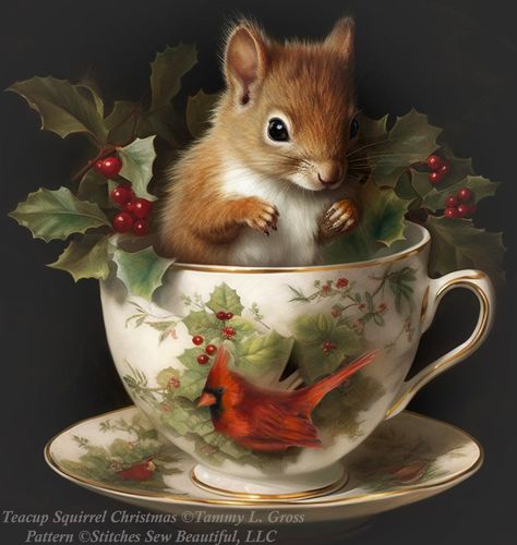 "Teacup Squirrel Christmas" full coverage counted cross stitch pattern. Art ©Tammy L. Gross. Pattern ©Stitches Sew Beautiful, LLC 2024. Stitch count: 380 x 400. 90 DMC colors used. Patterns created with full license and/or permission of the original artist. This chart has been tested and verified to work with Pattern Keeper by the designer. We are not affiliated with Pattern Keeper. Squirrel Christmas, Christmas Squirrel, Woodland Animal Art, Squirrel Art, Surface Art, Classic Card, Cross Stitch Patterns Christmas, Christmas Cross, Cool Pets