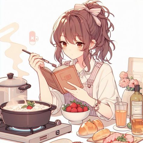 Cooking Icon Aesthetic, Anime Baking Aesthetic, Cooking Vibes Aesthetic, Anime Food Icons Aesthetic, Anime Cooking Aesthetic, Cooking Pose Reference, Aesthetic Noodles, Anime Noodles, Strawberry Pfp