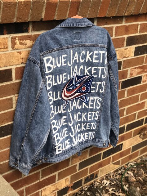 Columbus Blue Jackets Denim Jacket | My Site Sports Denim Jacket, Football Blue Jean Jacket, Painted Denim Jacket Sports, Hockey Jean Jacket, Football Denim Jacket, Nfl Jean Jacket Diy, Nfl Painted Jean Jacket, Custom Jean, Custom Jean Jacket