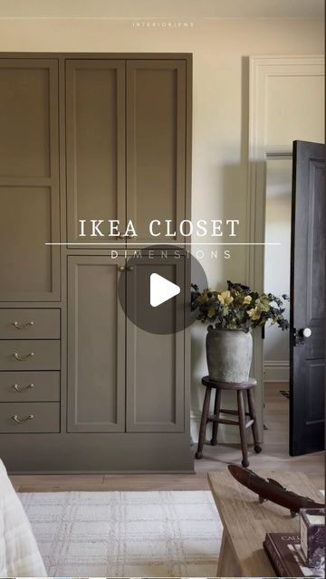 LIZ +  AMY on Instagram: "Save this for your next IKEA diy. 
This whole wardrobe is only two pax frames and interior is the komlement drawers and shelves. 
✨✨fyi! I did not list the fraction portion  on this video to keep it simple✨✨
To be exact here it is- 
Pax: 39 3/8 x 23 7/8 x 92 7/8
Pax: 29 1/2 x 22 x 7/8 x 92 7/8
Komlement drawers: 39 3/8 x 22 7/8
Komlement shelf: 39 3/8 x 22 7/8
Komlement shelf: 29 1/2 x 22 7/8
We also framed the whole cabinet in solid wood, ordered custom solid wood doors which I highly recommend this thing is SOLID! I will share a reel  on that process  this week. If you have any questions at all please reach out❤️

IKEA wardrobe, ikea diy, ikea closet, custom closet, bedroom storage solution, fast cabinet doors, solid wood closet, brass hardware, Etsy hardware." Pax Dresser Hack, Diy Wardrobe Wall, Ikea Pax Custom Doors, Wardrobe Door, Ikea Wardrobes, Diy Pax Wardrobe, Built In Pax Wardrobe, Pax Diy, Diy Built In Closet