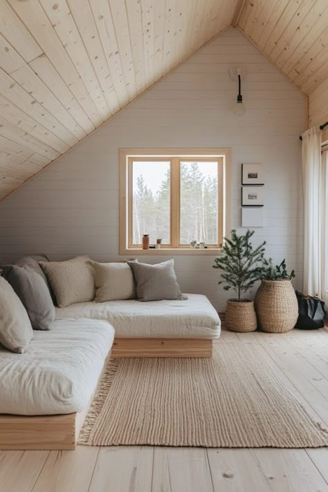 29 Small Cabin Interior Modern Ideas for a Fresh Take on Cabin Living 3 Small Wood House Interior, Modern Plywood Interior, Wood Ceiling White Beams, Modernized Log Cabin, Lagom Interior Design, Alpine Modern Interior Design, Norway Home Interior, Modern Cabin Furniture, Cabin White Interior