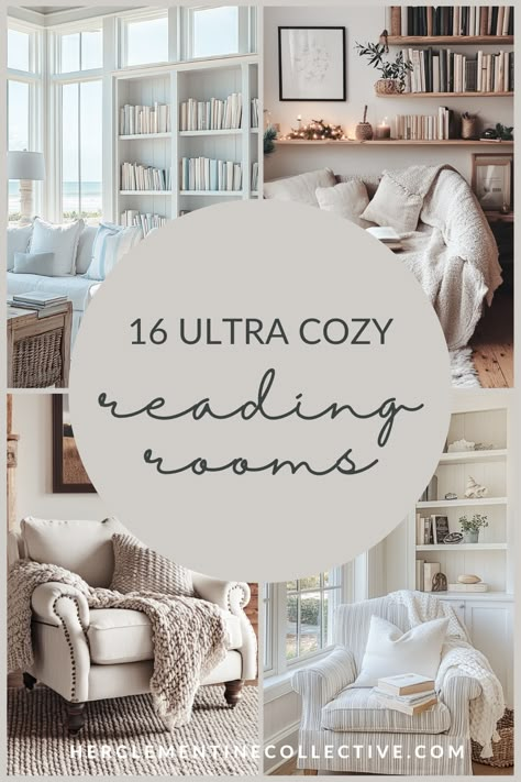 Home Library Cozy Reading Chairs, Chair In Front Of Bookshelf, Cozy Relaxing Room, Modern Farmhouse Reading Nook, Bookshelves Around Couch, White Library Room, Cosy Reading Room Ideas, Cozy Reading Nook In Bedroom, Cozy Sunroom Ideas Reading Room