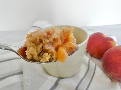 Mug Peach Cobbler – Half the Sugar Healthy Peach Dessert, Sugar Free Peach Cobbler, Individual Peach Cobbler, Quick Peach Cobbler, Healthy Peach Cobbler, Mini Peach Cobbler, Peach Desserts Easy, Peach Cobbler With Bisquick, Vegan Peach Cobbler