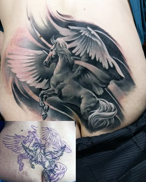 Black and grey realistic cover up tattoo of a pegasus by Nino Dinchev. ~Palitra Tattoo, SF, BG Black And Grey Cover Up Tattoo, Pegasus Tattoo Women, Pegasus Tattoo Design, Pegasus Tattoos, Black Pegasus, Pegasus Tattoo, Animal Tattoos For Women, Black And Grey Tattoo, Unicorn Tattoos