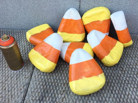 Crafts Using Candy Corn, Diy Fake Candy Corn, Diy Candy Corn Decorations, Paper Mache Candy Corn, Candy Corn Tree, Diy Candy Corn Decor, Giant Candy Decorations, Corn Ideas, Giant Sweets