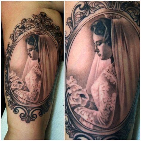 Portrait frame tattoo Picture Frame Tattoo, Potrait Tattoo, Portrait Tattoo Sleeve, Breastfeeding Tattoo, Frame Tattoo, Traditional Portrait, Grandma Tattoos, Back Of Arm Tattoo, Framed Tattoo