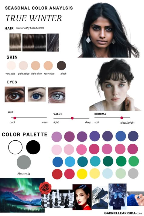 Light Winter Color Palette, Eye Color Charts, Soft Winter Color Palette, Undertones Hair, 12 Season Color Analysis, Winter Color Season, True Winter Palette, Color Analysis Winter, True Cool Winter