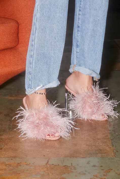 Best February Fashion Clothes and Accessories 2022 | POPSUGAR Fashion Feather Shoes, Feather Sandals, Upcoming Fashion Trends, Feather Heels, Lucite Heels, Embellished Shoes, Heels Outfits, Pink Feathers, Shoes Heels Wedges