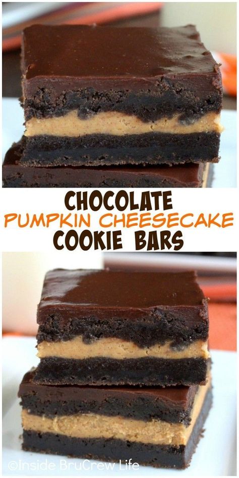 Pumpkin cheesecake layered with chocolate cookie bars and more chocolate. This is the fall dessert you need! Chocolate Pumpkin Cheesecake, Cheesecake Cookie Bars, Pumpkin Cheesecake Cookies, Recipes Cheesecake, Chocolate Cookie Bars, Cheesecake Cookie, Bars Chocolate, Healthy Cheesecake, Pumpkin Cookie