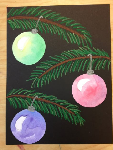 Oil pastel pine branches with analogous water-colored ornaments... Tried this with 5th grade and they turned out great! Old School Art, Christmas Art For Kids, Holiday Art Projects, Classe D'art, Diy Christmas Paintings, Christmas Art Projects, Winter Art Projects, Navidad Diy, School Art Projects