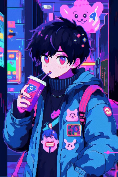 Pixel Art Pfp Aesthetic, Lofi Boy Aesthetic, Space Anime Pfp, Vaporwave Character, Lofi Pfp, Anime Aesthetic Boy, Cyberpunk Icons, Pixel Art Pfp, Neon Pfp