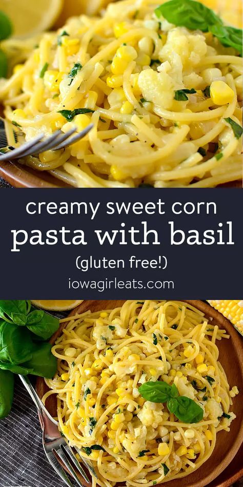 Creamy Sweet Corn Pasta with Basil is the ultimate summer pasta dish. This 30 minute meal is creamy and decadent yet full of vegetables and no actual cream required!  | iowagirleats.com keywords: gluten free pasta recipes, summer pasta recipe, sweet corn pasta Creamy Sweet Corn, Pasta With Basil, Cooking Sweet Corn, Summer Pasta Dishes, Summer Pasta Recipes, Corn Pasta, Basil Pasta, Iowa Girl Eats, Pasta Shapes