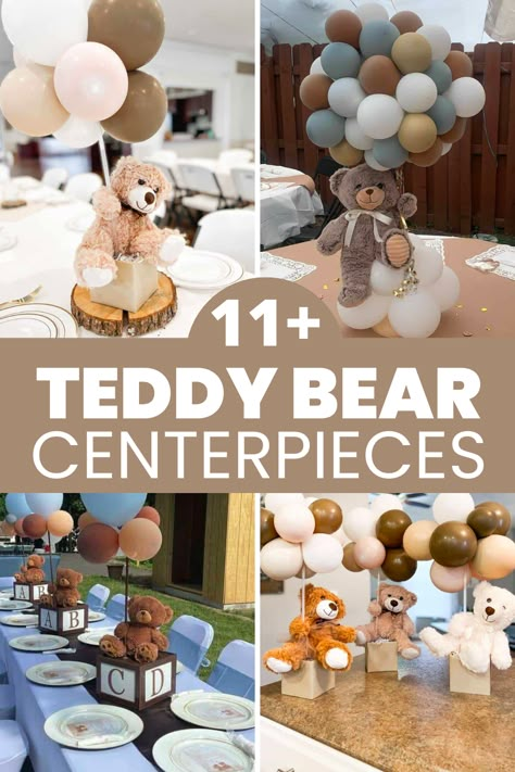 teddy bear centerpieces Boho Gender Reveal Party, Teddy Bear Baby Shower Centerpiece, Bear Centerpieces, Boho Gender Reveal, Teddy Bear Centerpieces, Baby Shower Oso, Teddy Bear Baby Shower Theme, Baby Shower Center, Teddy Bear Birthday Party