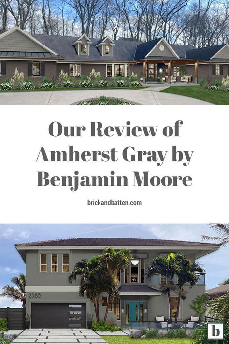 Benjamin Moore's Amherst Gray is a medium-dark warm gray paint color that works beautifully on certain home exteriors. Learn about its undertones, LRV, and recommended paint color pairings in this post. #exteriordesign #curbappeal #exteriorpaint #exteriorpainting #style #design #home #homedesign #benjaminmoore #paintcolors #AmherstGray Benjamin Moore Thunder Exterior, Benjamin Moore Thunder, Amherst Gray, Benjamin Moore Exterior Paint, Grey Exterior House Colors, Warm Grey Paint Colors, Benjamin Moore Exterior, Exterior Gray Paint, Warm Gray Paint