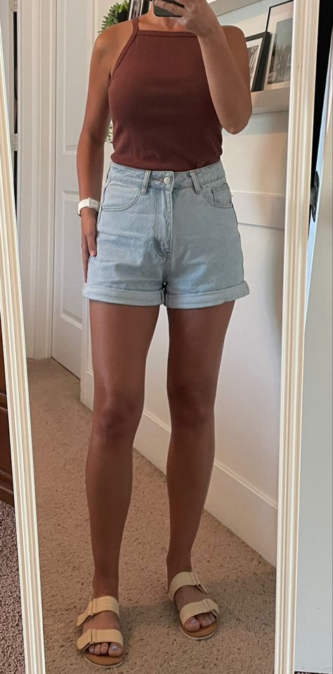 Brown Old Navy tank top, high-waisted light denim shorts, neutral sandals •summer outfit •old navy •two strap sandals Tan Shorts Outfit, Sandals Summer Outfit, Light Denim Shorts, Neutral Sandals, Tan Shorts, Two Strap Sandals, Navy Tank Top, Old Navy Tank Tops, Warm Weather Outfits