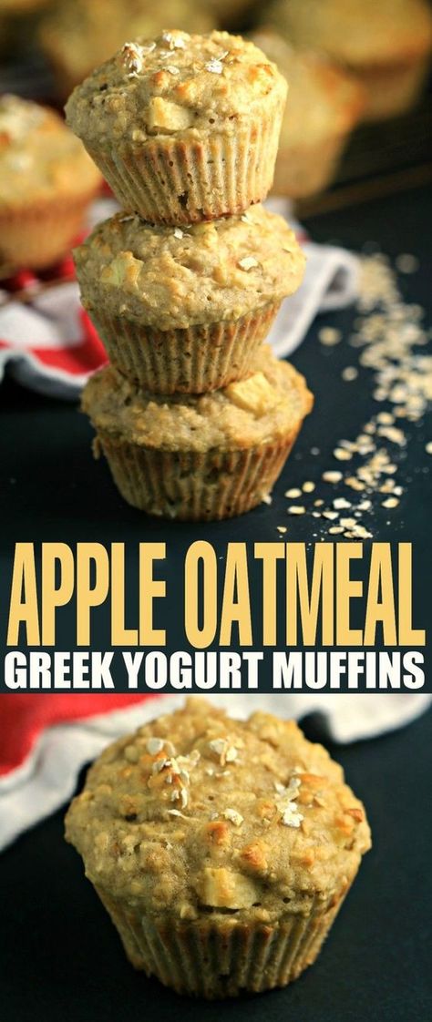 These Apple Oatmeal Greek Yogurt Muffins are bursting with apples and oats. They make for a healthier muffin made with NO butter or oil! Perfect for breakfast, dessert or a light snack. Oatmeal Greek Yogurt Muffins, Oatmeal Cupcakes, Greek Yogurt Muffins, Yogurt Muffins, Apple Oatmeal, Greek Yogurt Recipes, Blueberry Oatmeal, Apple Muffins, Oatmeal Muffins