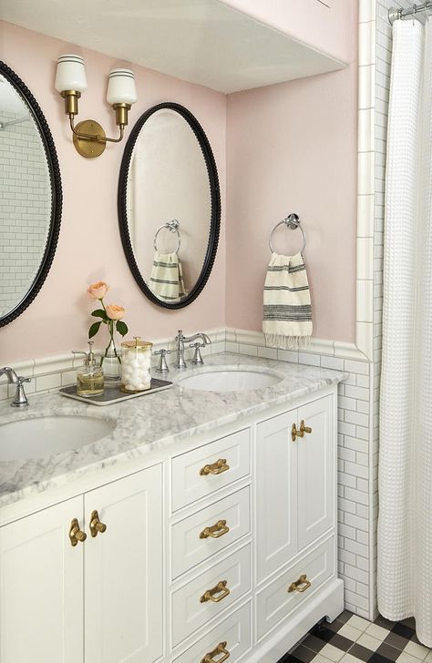 Give your bathroom a refresh for the New Year with these stylish decorating ideas, including gray cabinetry, smart technology, and spa-worthy features. #bathroomdecor Farmhouse Paint Colors, Pink Baths, Pastel Walls, Yellow Bathrooms, Bathroom Trends, Girls Bathroom, Pink Bathroom, Rustic Bathroom, Bathroom Kids