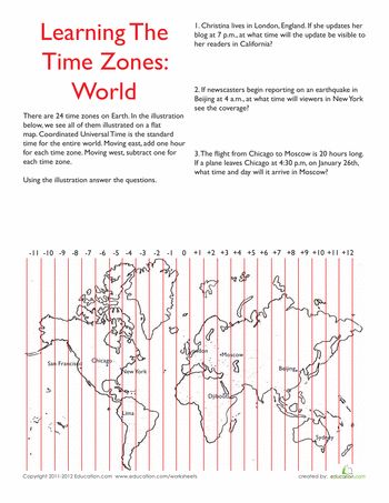 Worksheets: World Time Zones Time Zone Map, World Time Zones, Montessori Geography, Geography Worksheets, Third Grade Writing, 6th Grade Social Studies, Homeschool Geography, Social Studies Worksheets, Teaching Time