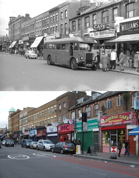 https://flic.kr/p/oaUNr9 | Finsbury Park, Blackstock Road C1950's & 2014 | The Gordon cafe is now the Arsenal cafe.   Top photo - John Boylett  N.B If you're viewing this picture in photostream, you may miss many of the items in the Finsbury Park album. To see the photos in sequence, showing the area in the 20th century, click the following link www.flickr.com/photos/warsaw1948/sets/72157626005913574/ Finsbury Park London, 1960s London, Finsbury Park, Camden London, 1960s Greenwich Village, East End London 1960s, London Buses, Decker Bus, Travel Uk