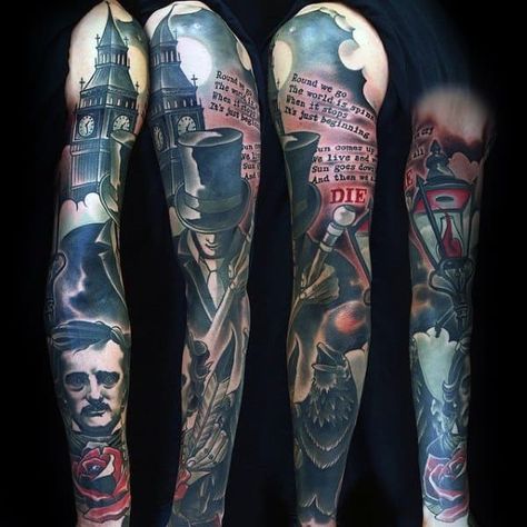 Gentleman With Edgar Allan Poe Tattoo Edgar Allan Poe Tattoo, Edgar Allen Poe Tattoo, Poe Tattoo, Kunst Tattoos, Wild Tattoo, Traditional Tattoo Sleeve, Crow Tattoo, Raven Tattoo, Allen Poe