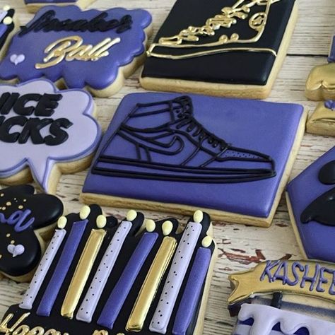 Mizz Desserts LLC on Instagram: "Sneaker Ball Birthday Cookies! 💜💛🖤 #Cookie #cookies #customcookies #customsugarcookies #sugarcookie #customdecoratedcookies #decoratedcookies #decoratedsugarcookies #royalicing #royalicingcookies #cookiemaker #cookiebaker #cookieart #njbaker #njdesserts #newarknj #bloomfieldnj #nutleynj #njpartyplanner #njeventplanner #njcookies #sneakercookies #sneakerballcookies #sneakerball" Sneaker Ball Cookies, Sneaker Cookies Decorated, Nike Cookies, Sneaker Cookies, Sneaker Ball Decorations, Sneaker Ball Ideas, Sugar Cookie Inspiration, Shoe Cookies, Cookie Maker