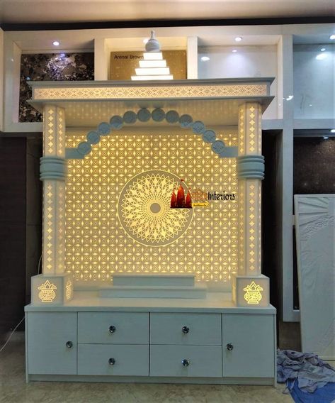 Home Temple Ideas Puja Room, Corian Temple, Temple For Home, Wooden Temple, Mandir Design, Temple Decor, House Balcony Design, Temple Design For Home, Wardrobe Door Designs