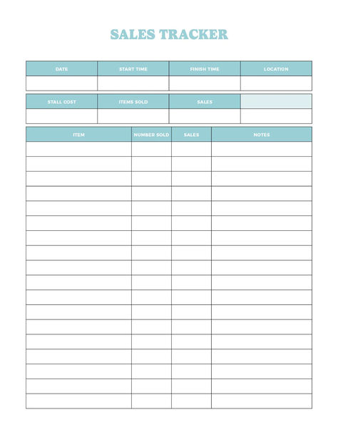 A printable Market Stall Sales Tracker with sections for date, start time, finish time, location, stall cost, items sold, sales, and notes. Sales Tracker, Tracker Free, Small Business Planner, Market Stall, Market Stalls, Business Planner, Garage Sale, Farmer's Market, Yard Sale