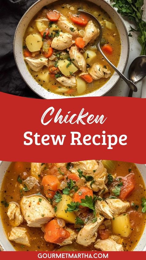 Warm up with this classic chicken stew recipe, loaded with tender chicken, fresh veggies, and rich flavors. It's the perfect comfort food for any season. Ready to cook? Click for the recipe #ChickenStew #ComfortFood #HeartyMeals #ChickenRecipes #HomemadeStew #EasyDinner #HealthyComfortFood Rustic Chicken Stew, Best Chicken Stew, Veg Stew, Chicken Vegetable Stew, Chicken Stew Recipe, Chicken Fresh, Chicken Vegetable, Stew Chicken Recipe, Hearty Chicken