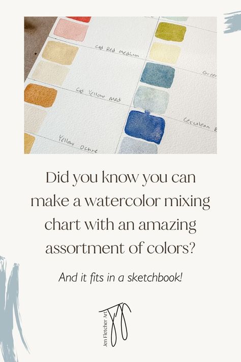 Did you know you can make a watercolor mixing chart with an amazing assortment of colors? | Jen Fletcher Art | Color charts are one of my favorite ways to experiment with different tubes of watercolor paint. The best way to learn about color is to play with it. Click now to join me! Watercolor Paint Mixing Chart, Watercolor Mixing Chart, How To Mix Skin Tones Watercolor, Winsor And Newton Watercolor Mixing Chart, Watercolor Color Mixing Red, How To Mix Green Watercolor, Mixing Watercolors Daniel Smith Essentials, Color Knowledge, Journal Tutorials