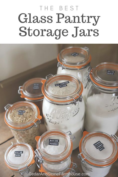 Pantry With Glass Jars, Glass Pantry Storage, Flour Storage Ideas, Glass Pantry Containers, Glass Jars Kitchen Pantry, Mason Jar Pantry Storage, Glass Storage Jars Kitchen, Le Parfait Jars, Glass Jar Food Storage