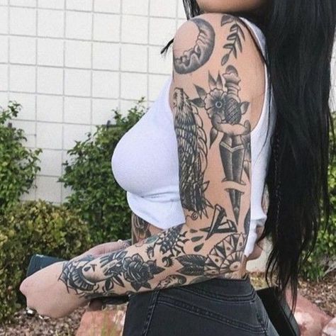 Tattoo Ideas For Inside Of Arm, Dragon Tattoo For Women Traditional, American Traditional Tattoos Women Sleeve, Black Traditional Tattoo Sleeve Women, American Traditional Tattoos Female, Tattoo Sleeve Women American Traditional, Patchwork Vs Sleeve Tattoo, Female American Traditional Sleeve, Tattoo Sleeve Women Traditional