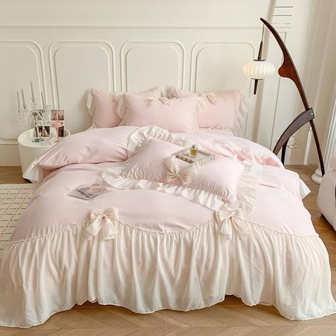 Amazon.com: SOUKECHY Chic Lace bedding,Girls Twin Aesthetic Comforter Cover Set,Romantic French Princess Style Ruffled Duvet Cover with Lovely Bow with Zipper Closure-Blue,Twin : Home & Kitchen Ruffle Quilt, Lace Bedding Set, Korean Princess, Romantic Princess, Ruffle Duvet Cover, Lace Bedding, Crochet Ruffle, Cover Bed, Luxury Girl