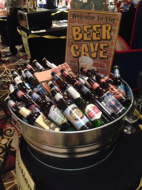 Beer Cave - Assorted craft beer silent auction basket. #curranmiller Alcohol Baskets, Tricky Tray Baskets, Silent Auction Gift Basket Ideas, Beer Tattoo, Silent Auction Basket, Auction Gift Basket Ideas, Beer Ideas, Auction Donations, Fundraiser Baskets