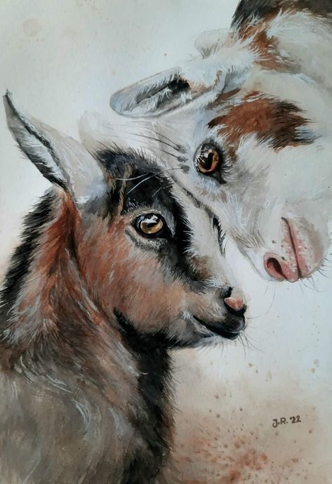 Goat Canvas Painting, Canvas Art Painting Ideas, Goat Watercolor, Watercolor Goat, Easy Watercolor Ideas, Nigerian Goats, Goat Paintings, Farm Animal Paintings, Farm Animal Painting