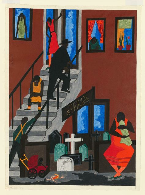 Characteristic of Jacob Lawrence’s work in the 1940s are subjects drawn from the streets and interiors of Harlem. Although he believed that you cannot “tell a story in a single painting,” Lawrence occasionally worked outside the series structure for which he is best known. In uninflected areas of bold color, Tombstones pictures neighbors and residents in front of an apartment building. It encapsulates the full sweep of life within the African American community, from the cradle—the baby carriage Jacob Lawrence Paintings, Jacob Lawrence Art, Tombstone Pictures, Jacob Lawrence, American Painters, Senior Project, The Cradle, Whitney Museum, Baby Carriage