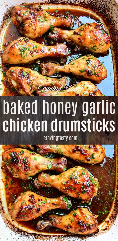 Baked chicken drumsticks that are so good that you will forget any other drumstick recipe! Beautifully browned, richly flavored, juicy and fall-off-the-bone tender. These baked drumsticks are a hit every time. Delicious and so addictive! | cravingtasty.com Baked Drumsticks, Baked Honey Garlic Chicken, Garlic Baked, Baked Chicken Drumsticks, Chicken Drumstick Recipes, Drumstick Recipes, Diner Recept, Honey Garlic Chicken, Chicken Drumsticks