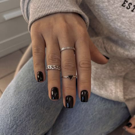 Squoval Dark Nails, Black Acrylic Overlay Nails, Black Nails Short Square, Short Black Square Nails, Dark Short Nails, Black Manicure Short, Square Black Nails, Black Coffin Nail Ideas, Black Square Nails