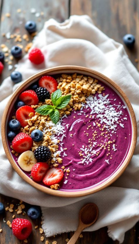 Recipe Ingredients: Mixed berries, banana, almond milk, topped with granola, sliced strawberries, chia seeds, shredded coconut. • Instructions: In a blender, combine mixed berries, banana, and almond milk, blending until smooth. Pour the smoothie mixture into a bowl and top with granola, sliced strawberries, chia seeds, and shredded coconut. For added flavor, you can adjust the thickness by adding more almond milk if desired. Enjoy your Berry Bliss Smoothie Bowl! Berries Smoothie Bowl, Acai Bowl Aesthetic, Smoothie Bowl Aesthetic, Coconut Smoothie Bowl, Sliced Strawberries, Healthy Protein Snacks, Acai Bowls, Meal Prep Clean Eating, Coconut Smoothie