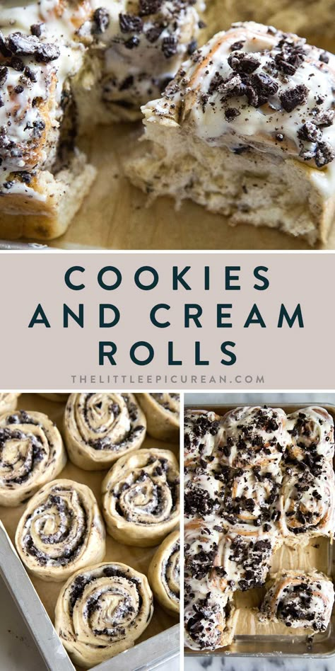 These cookies and cream rolls transform a simple yeasted bread dough into a magical and delicious treat! It's a delicious cinnamon roll variation. Sweet Roll Recipe, Breakfast Sweets, Cinnamon Rolls Homemade, Desserts Easy, Tasty Baking, Sweet Snacks Recipes, Baked Dessert Recipes, Baking Sweets, Fun Baking Recipes