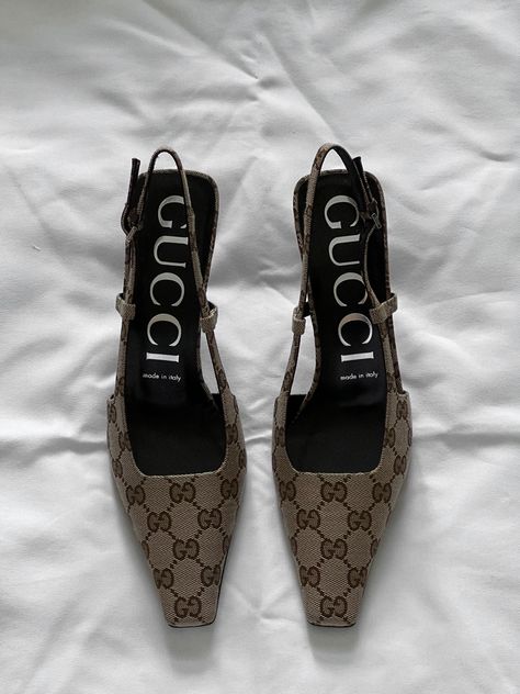 Gucci print kitten heels, aw22 Gucci Kitten Heels, Designer Kitten Heels, 27 Aesthetic, Gucci Slingback, Shoes Kitten Heels, Kitten Heels Outfit, Gucci Print, Pumps Outfit, Heels Gucci