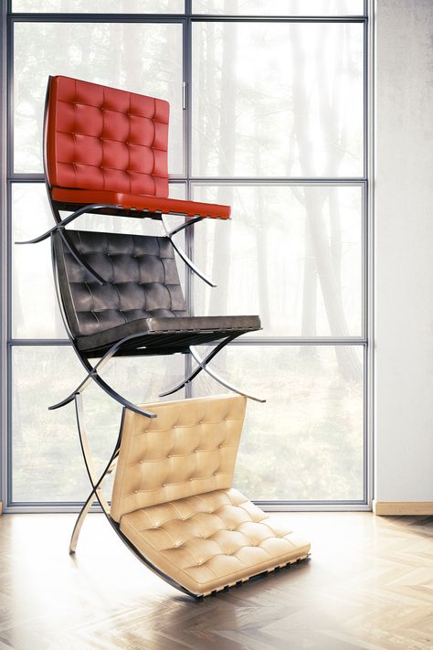 Knoll Barcelona chairs #non-stackable challenge/3D Rendering/pixel-viz.com Knoll Barcelona Chair, Barcelona Chairs, Knoll Furniture, Chair Aesthetic, Barcelona Chair, 3d Rendering, Different Colors, Lounge Chair, Barcelona