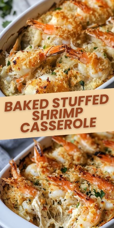 This baked stuffed shrimp casserole is the perfect combination of seafood and savory flavors. Filled with tender shrimp, creamy stuffing, and baked to perfection, this casserole is sure to impress at your next dinner party or family gathering. Whether you're a seafood lover or just looking for an easy, delicious dinner, this dish is a must-try! 🍤🧀 #SeafoodCasserole #StuffedShrimp #BakedShrimp #CasseroleRecipes #DinnerInspiration #SeafoodLovers #ComfortFood #EasyDinner Easy Make And Take Meals, Oven Baked Shrimp Casserole With Cheese, Baked Dishes For Dinner Healthy, Healthy Meals For Family Of 4, New Year Cooking Ideas, Baked Stuff Shrimp Casserole, Seafood Stuffed Baked Potatoes, Best Shrimp Dinner Recipes, Seafood Rice Casserole