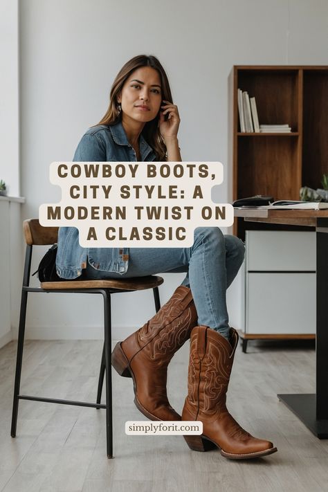 Elevate your everyday looks with the timeless appeal of brown cowboy boots. From jeans and a t-shirt to a chic dress, these boots can effortlessly transform your outfit. Cowgirl Brown Boots Outfit, Cowboy Boots Work Outfit Women, Short Western Boots Outfit, Brown Western Boots Outfit, Cowboy Ankle Boots Outfit, Style Cowboy Boots Women, Tecovas Boots Women Outfit, Tecovas Boots Women, Jeans And Cowboy Boots Outfit