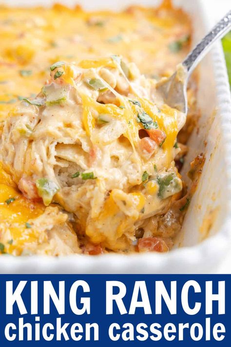 This King Ranch Chicken Recipe is a Tex-Mex favorite! It's a hearty and comforting casserole made with layers of shredded chicken, corn tortillas, and a creamy sauce all topped with melty cheddar cheese. It's perfect for family dinners or potlucks. Easy Recipes With Shredded Chicken, Casseroles With Shredded Chicken, King Ranch Casserole Chicken, Best Way To Make Shredded Chicken, Shredded Chicken Recipes For Dinner, Shredded Chicken Recipes Casserole, Recipes For Shredded Chicken, Mexican Chicken Dishes, Casserole With Shredded Chicken