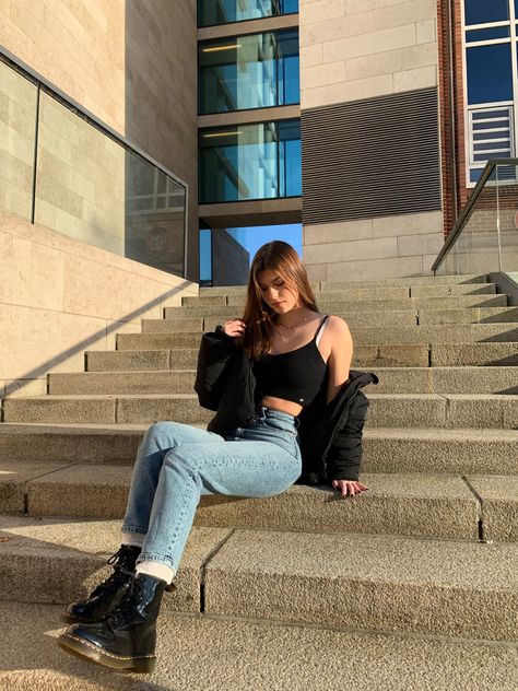 Brown hair, style, fashion, fashion inspo, body, doc marten Sitting In Stairs Pose, Sit On Stairs Pose, Person Sitting On Stairs Reference, Sitting Stairs Pose, Sitting On The Stairs Pose, Stair Sitting Poses, Sitting On Railing Poses, Sitting On Stairs Reference, Sitting Down Pictures