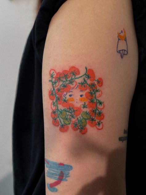 ig @neyutattooist Red Upper Arm Tattoo, Orange Slice Tattoo Color, Fruit And Vegetable Tattoo, Tattoo Ideas Female Color, Persimmon Tattoo, Oranges Tattoo, Orange Flower Tattoo, Grapefruit Tattoo, Coloured Tattoos