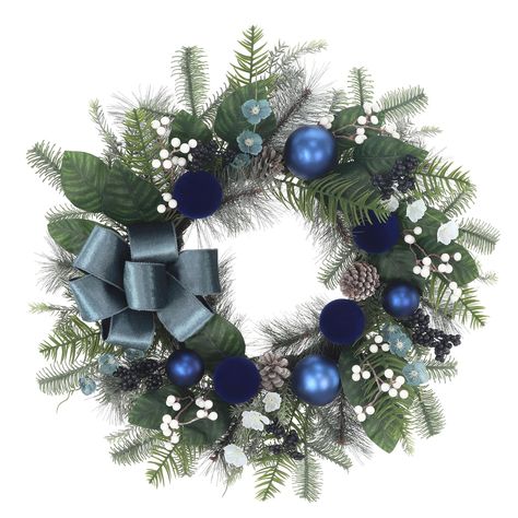 26" Pine Leaf, Blue Ornament & White Berry Wreath with Bow by Ashland® Blue And Silver Wreaths Diy Christmas, Blue Christmas Wreath Ideas, Blue Christmas Decor Ideas, White Berry Wreath, Blue Christmas Wreath, Best Artificial Christmas Trees, Beach Christmas Decorations, Wreath With Bow, Pine Leaves