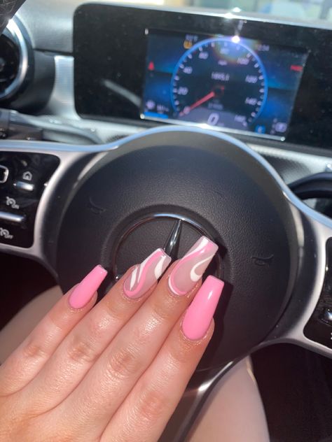 Coffin Shape Swirl Nails, Coffin Shaped Nails Designs Summer, Cute Swirl Nail Designs, Simple Cute Nails Acrylic Coffin Pink, Swirly Acrylic Nails Coffin, Light Pink Nails With Swirls, Ombre Nails With Swirls, Swirl Pink Nails, Coffin Shaped Spring Nails